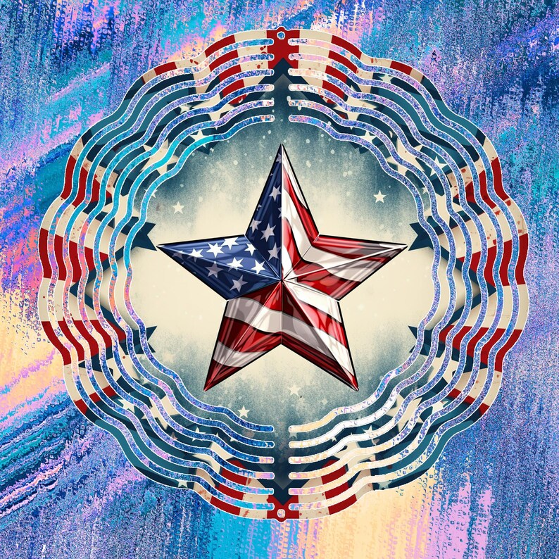 K&ouml;nnte beinhalten: Ein roter, wei&szlig;er und blauer sternf&ouml;rmiger Windf&auml;nger mit einem kreisf&ouml;rmigen Design aus &uuml;berlappenden Mustern der amerikanischen Flagge. Der Stern befindet sich in der Mitte des Kreises und ist von einem blauen und wei&szlig;en Hintergrund umgeben.