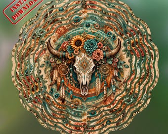 Boho vache crâne PNG, sublimation florale Western, décoration sud-ouest turquoise, conception rustique tête de mort ranch, attrape-rêves Art téléchargement