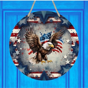 American Eagle 12 inch Hardboard Blank PNG Circle Door Sign, American Flag Door Wreath Sign PNG, Round Door Eagle Hanger Sublimation Design