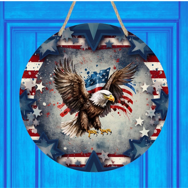 Round Door Eagle Hanger Sublimation Design, American Eagle 12 inch Hardboard Blank PNG Circle Door Sign, American Flag Door Wreath Sign PNG