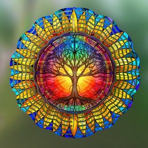 May include: A colorful stained glass mandala with a tree of life design. The tree has a rainbow-colored trunk and branches, and its roots are spread out at the bottom. The mandala is surrounded by a yellow and blue sunburst pattern.