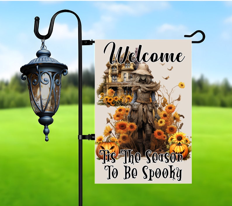 Halooween Garden Flag Sublimation Design, Tis The Season To Be Spooky Garden Flag Png for Sublimation, Scarecrow 12x18 Garden Flag Download