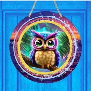 Cute Owl Round Door Hanger Sublimation Design, Owl 12 inch Hardboard Blank PNG Circle Door Sign, Colorful Owl Door Wreath Sign Png Download