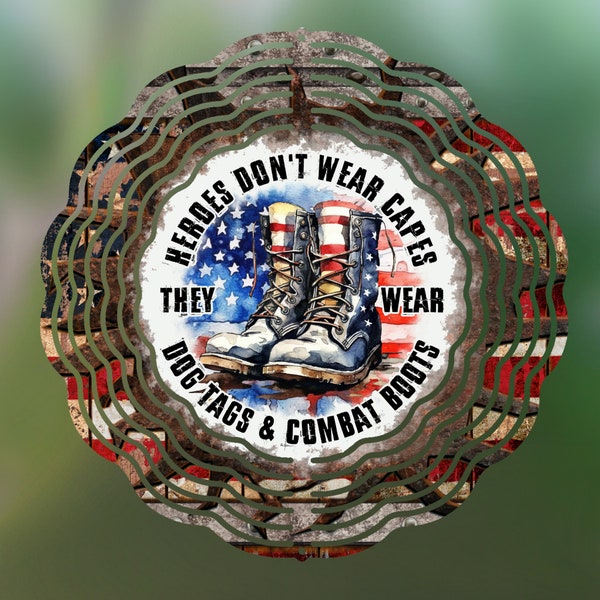Veterans Day Png Wind Spinner Sublimation Design, Heroes don't wear capes dog tags & combat boots WindSpinner PNG, 10inch Wind spinner Png