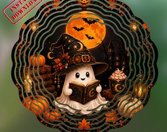 Cute Witch Ghost Wind Spinner PNG, Halloween Pumpkin Sublimation, Spooky Fall Garden Flag Design