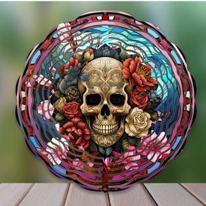 Floral Sugar Skull Wind Spinner Sublimation Design, Day Of The Dead WindSpinner PNG, Stained Glass Sugar Skull Png, 10inch Windspinner Png