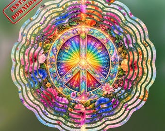 Arc-en-ciel, signe de la paix, hélice à vent PNG, motif floral hippie par sublimation