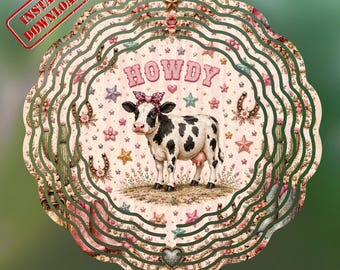 Pink Cowgirl Cow Wind Spinner PNG, Western Highland Cow Garden Flag, Howdy Sublimation Design