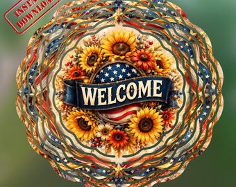 Couronne de bienvenue patriotique, hélice à vent PNG, conception de sublimation tournesol Americana