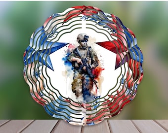 May include: A metal wind spinner with a watercolor design of a soldier holding a rifle. The design is surrounded by red, white, and blue stars.