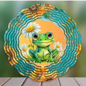 May include: A green frog with big eyes sits in a field of sunflowers and daisies. The frog is surrounded by a blue and green swirling design.