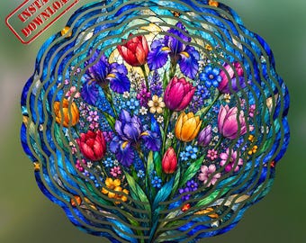 Vitrail PNG, fleurs sauvages, sublimation florale d'iris et de tulipe