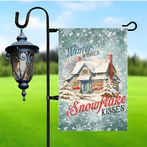 Winter Wishes & Snowflake Kisses Garden Flag Sublimation Design, Merry Christmas Garden Flag Design, 12x18 Garden Flag Png Digital Download