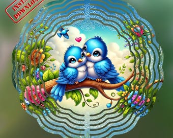 Blue Birds Wind Spinner Sublimation Design, Love Bird WindSpinner PNG for Sublimation, Love Garden Decor Png, Blue Birds Digital Download