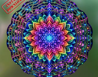 Spinner à vent mandala néon arc-en-ciel PNG, sublimation lotus psychédélique