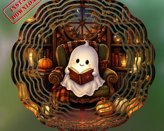 Cozy Ghost Wind Spinner PNG, Reading Ghost Sublimation, Fall Library Halloween Decor