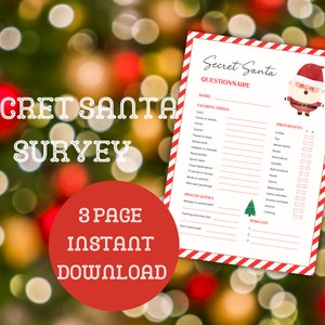 Secret Santa Survey, Christmas Wish list, Secret Santa Form, Secret Santa Questionnaire Printable, Secret Santa Form