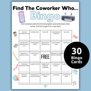 Coworker Bingo, Office Games, Find A Coworker Bingo, Icebreaker games, Workplace Bingo, Teambuilding Bingo, Mingle Bingo, Employee Bingo