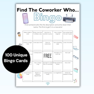 Coworker Bingo, Office Games, Find A Coworker Bingo, Icebreaker games, Workplace Bingo, Teambuilding Bingo, Mingle Bingo, Employee Bingo