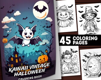 45 Kawaii Vintage Halloween Coloring Pages, 90s Halloween Coloring Book, Adults and Kids, Instant Download Grayscale Printable PDF Coloring