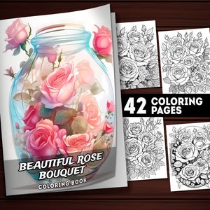 42 Blooming Rose bouquet Coloring Pages, Rose bouquet Coloring Book, Adults + Kids, Grayscale Coloring, Instant Download, Printable PDF