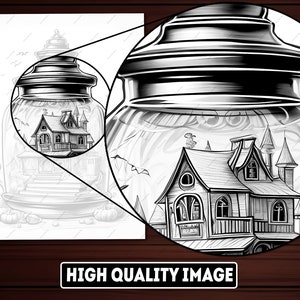 May include: A black and white illustration of a spooky house inside a glass jar. The house has a pointed roof, windows, and a chimney. The jar has a lid with a decorative design.