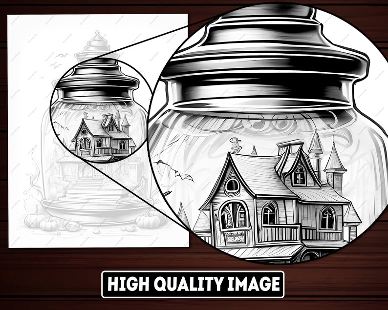 May include: A black and white illustration of a spooky house inside a glass jar. The house has a pointed roof, windows, and a chimney. The jar has a lid with a decorative design.
