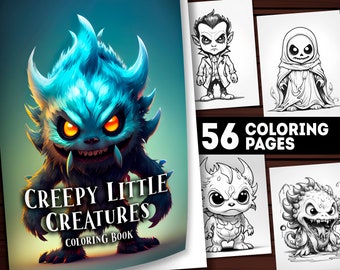 56 Creepy Little Creatures Coloring Pages, Creepy Creatures Coloring Book, Adults and Kids, Instant Download Grayscale Coloring, Halloween