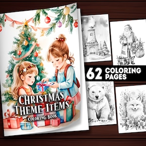 62 Printable Christmas Theme Coloring Pages, Christmas Items Coloring Book Adults and Kids, Instant Download Grayscale Coloring PDF, Gift