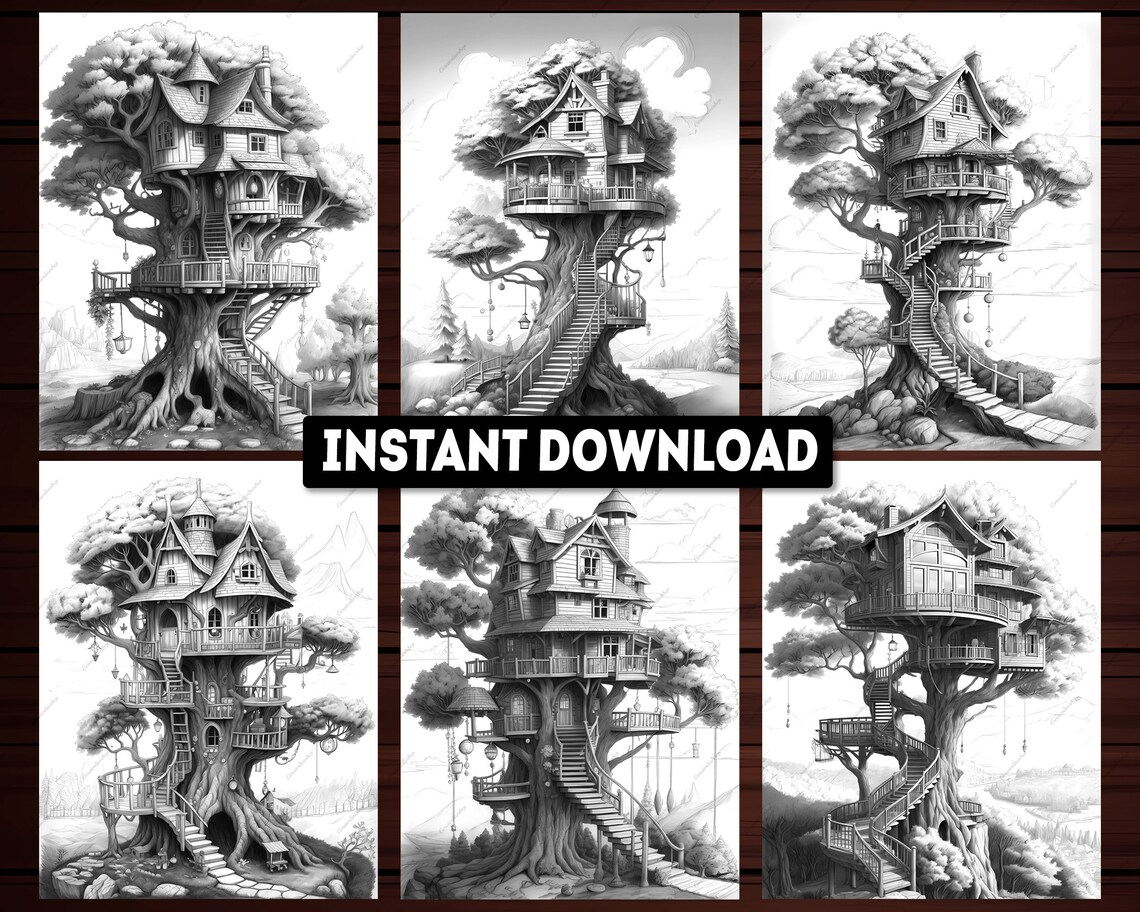 Tree House Coloring Pages Tree House Coloring Book Adults Etsy