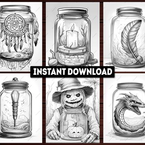 May include: Set of six black and white illustrations of jars with various objects inside. The jars are all round and have a lid. The objects inside the jars include a dreamcatcher, a candle, a feather, a wand, a pumpkin, and a dragon.