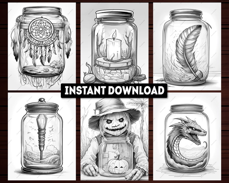 24 Vintage Halloween in A Jar Coloring Pages, Vintage Halloween