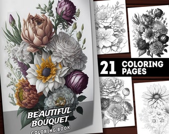 20 Printable Bouquet Coloring Pages, Coloring Book, Adults + Kids coloring, Grayscale Coloring, Instant Download, A4 and US-Letter Size, PDF