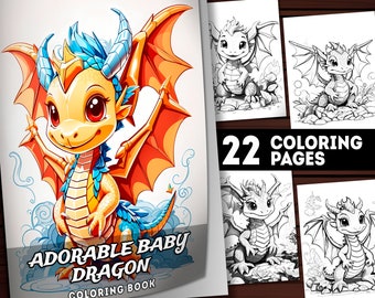22 Adorable Little Baby Dragon Coloring Pages, Dragon Coloring Book, Adults + Kids, Instant Download, Grayscale Coloring Page, Printable PDF