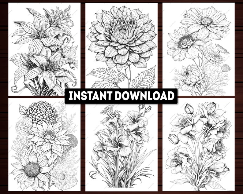 May include: Six black and white line drawings of different flowers. The flowers are lilies, dahlias, sunflowers, and roses.