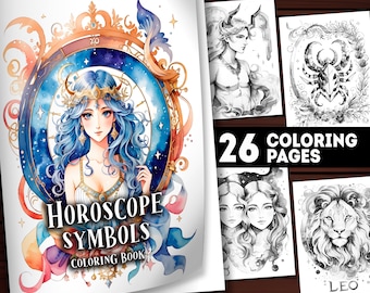 26 pagine da colorare stampabili dell'oroscopo, libro da colorare zodiaco per adulti e bambini, download istantaneo PDF da colorare in scala di grigi, regalo del segno dell'oroscopo