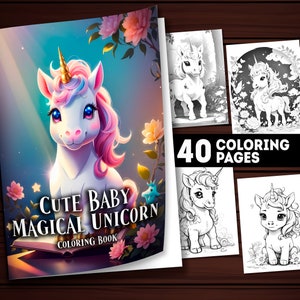 40 süße Baby Einhorn Malvorlagen, Zauberhaftes Einhorn Malbuch, Erwachsene und Kinder, Sofort Download Graustufen Druckbare PDF Malbuch, Geschenk