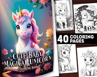 40 Cute Baby Unicorn Coloring Pages, Magical Unicorn Coloring Book, Adults and Kids, Instant Download Grayscale Printable PDF Coloring, Gift