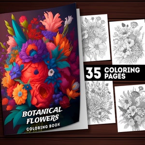35 páginas para colorear botánicas imprimibles, libro para colorear, adultos + niños, colorear en escala de grises, descarga instantánea, tamaño A4 y carta estadounidense, PDF