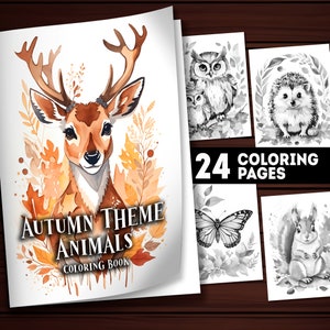 24 Printable Autumn Animals Coloring Pages, Fall Animals Coloring Book Adults and Kids, Instant Download Grayscale Coloring PDF, fall Gift