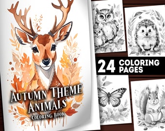 24 druckbare Herbst Tiere Malvorlagen, Herbst Tiere Malbuch Erwachsene und Kinder, Sofort Download Graustufen Färbung PDF, Herbst Geschenk