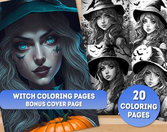 20 Printable Halloween Witch Coloring Pages, Coloring Book, Adults + Kids, Grayscale Coloring, Instant Download, A4 and US-Letter Size, Gift