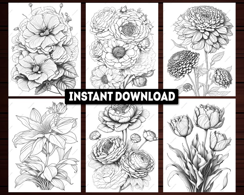 May include: Six black and white line drawings of different flowers. The flowers include a hibiscus, a rose, a dahlia, a lily, a ranunculus, and a tulip.