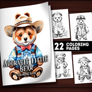 Puede incluir: Un libro para colorear con un oso de dibujos animados que lleva un sombrero de vaquero y un mono. El libro tiene 22 páginas para colorear y se titula "Adorable Little Bear Coloring Book".