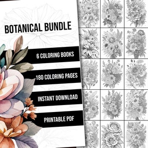 180 Botanical Coloring Pages Bundle, Botanical Coloring Book, Instant Download, Flower Coloring Pages, Printable PDF Grayscale Coloring