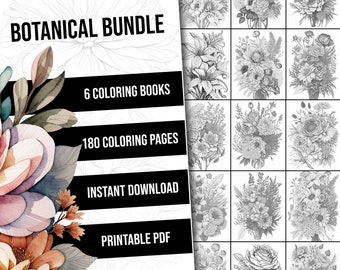 180 Botanical Coloring Pages Bundle, Botanical Coloring Book, Instant Download, Flower Coloring Pages, Printable PDF Grayscale Coloring