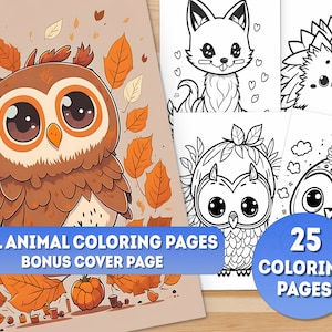 25 páginas para colorir de animais de outono para impressão, livro para colorir, adultos e crianças, coloração em escala de cinza, download instantâneo, tamanho A4 e carta dos EUA, PDF