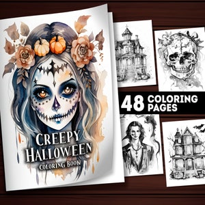 48 páginas para colorear espeluznantes de Halloween imprimibles, libro para colorear espeluznante de Halloween para adultos y niños, descarga instantánea de PDF para colorear en escala de grises, regalo