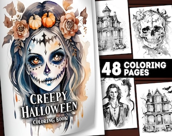 48 Printable Creepy Halloween Coloring Pages, Creepy Halloween Coloring Book Adults and Kids, Instant Download Grayscale Coloring PDF, Gift