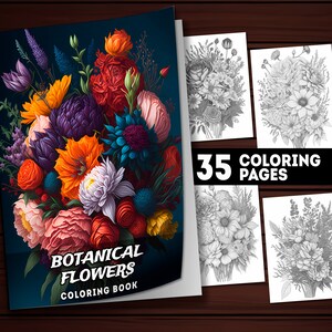 35 páginas para colorear botánicas imprimibles, libro para colorear, adultos + niños, colorear en escala de grises, descarga instantánea, tamaño A4 y carta estadounidense, PDF